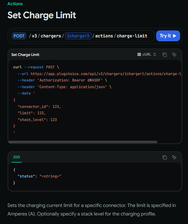 API reference: setChargeLimit actions