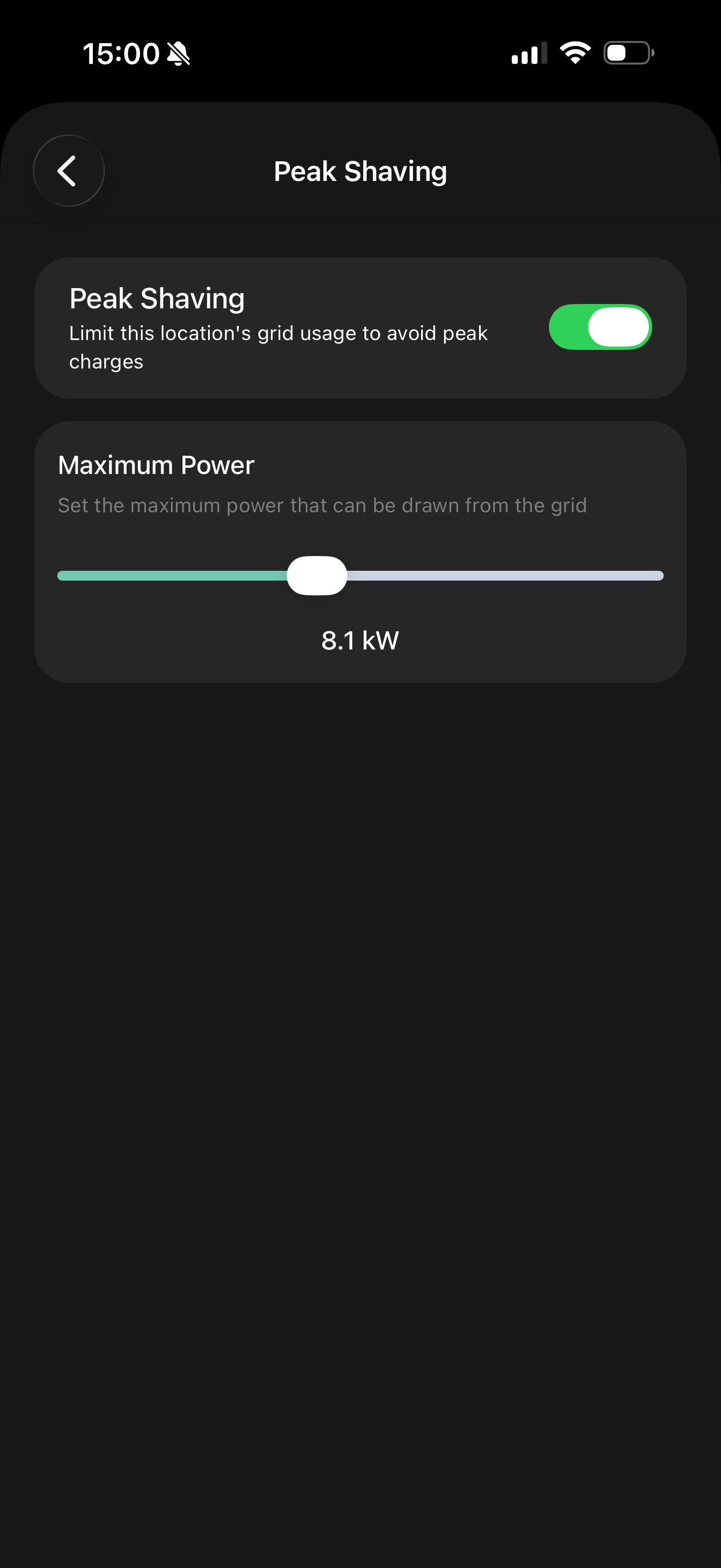 Peak shaving enabled in app