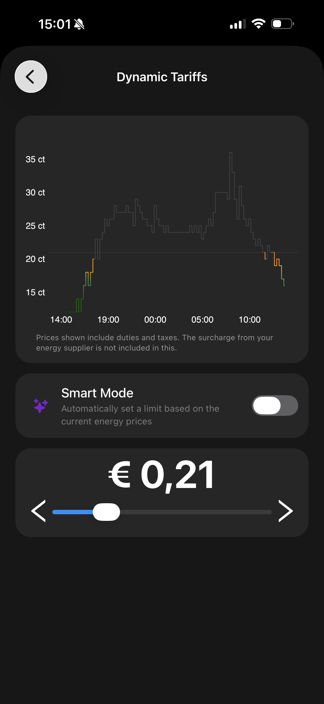 Dynamic tariff pricing graph in the app