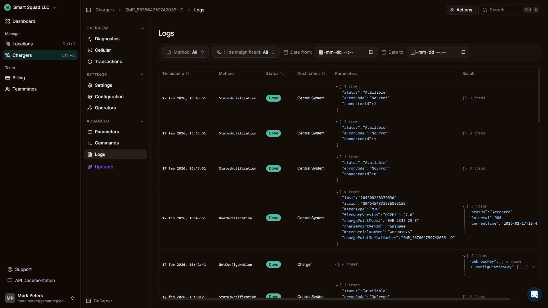 OCPP charger logs view