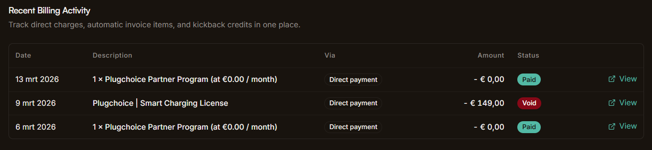 Recent billing activity in the Plugchoice web portal