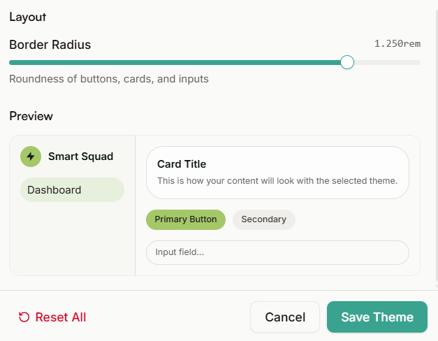 Theme editor layout preview and save