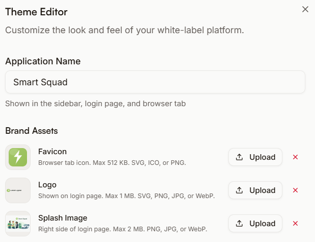 White-label theme editor with brand assets
