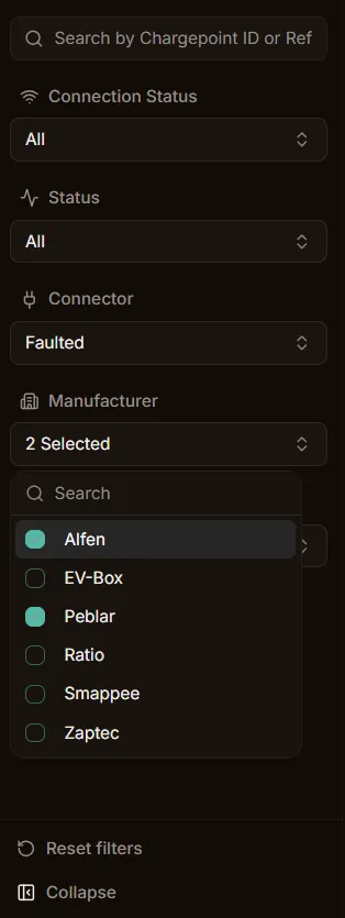 Charger table filter options