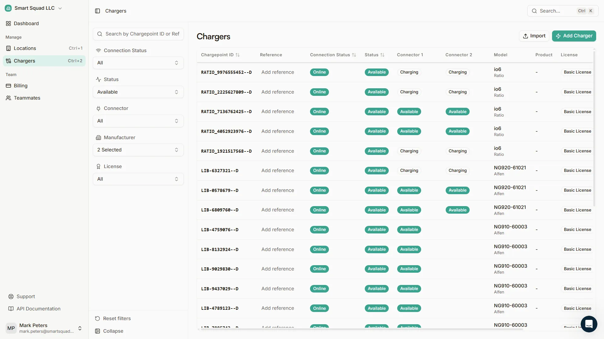 Plugchoice web portal charger table