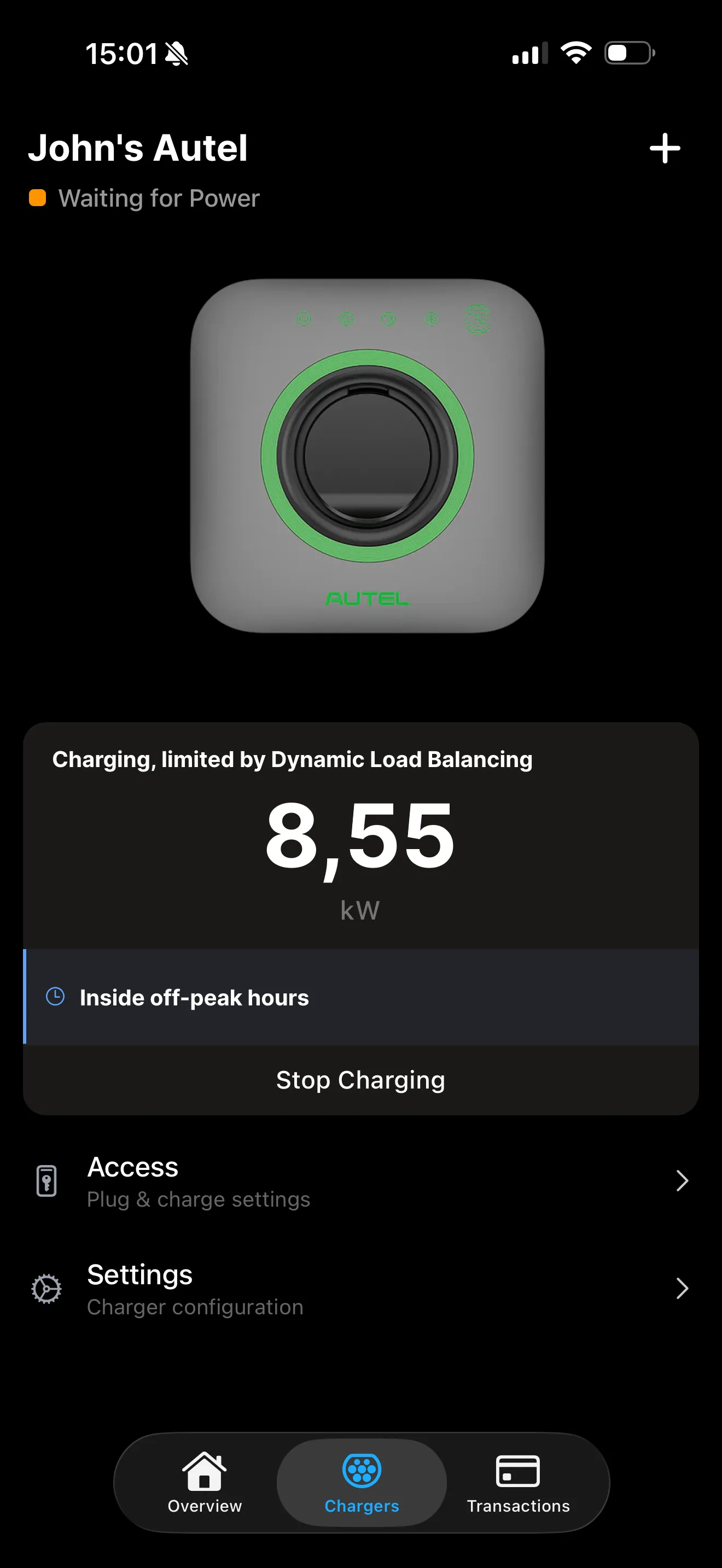 Charging an Autel charger from the Plugchoice app