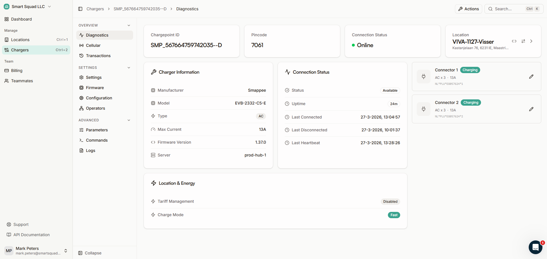 Live charger diagnostics in the Plugchoice web portal